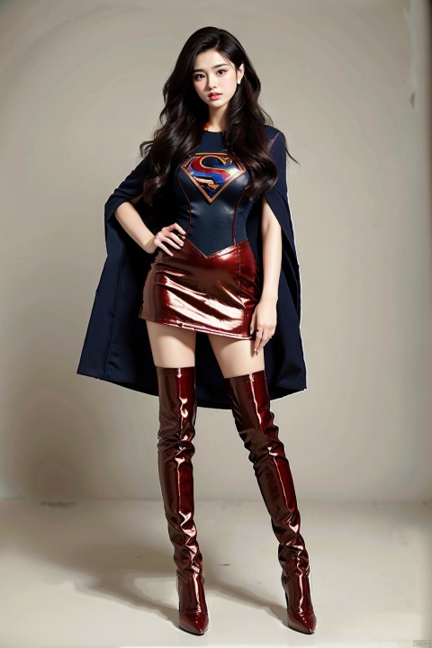  1girl, short hair ,supergirl,18years old，The whole body looks like，Supergirl tights，Ultra long red boots，full body， Supergirl Uniform，Giant Milk，Red cape，Red miniskirt，Red over-the-knee boots，Little fat，Huge female breasts