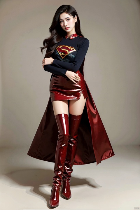  1girl, short hair ,supergirl,18years old，The whole body looks like，Supergirl tights，Ultra long red boots，full body， Supergirl Uniform，Giant Milk，Red cape，Sitting on the ground，Red miniskirt，Red over-the-knee boots
