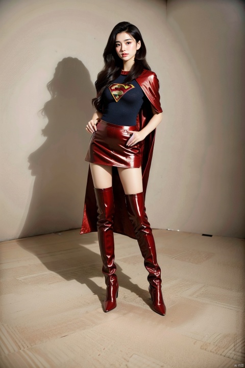  1girl, short hair ,supergirl,18years old，The whole body looks like，Supergirl tights，Ultra long red boots，full body， Supergirl Uniform，Giant Milk，Red cape，Sitting on the ground，Red miniskirt，Red over-the-knee boots，Ultra-short hair

