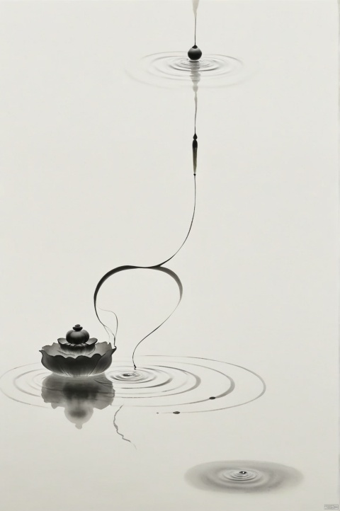 Lotus, Dragonfly /(standing on lotus)/), water halo, minimalist ink painting，太极，八卦，
