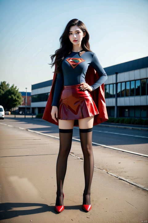  1girl, short hair ,supergirl,18years old,Supergirl tights,red Boots over the knee，Red cape，full body，red Knee-length boots,Blue Supergirl latex Uniform，Standing over the city