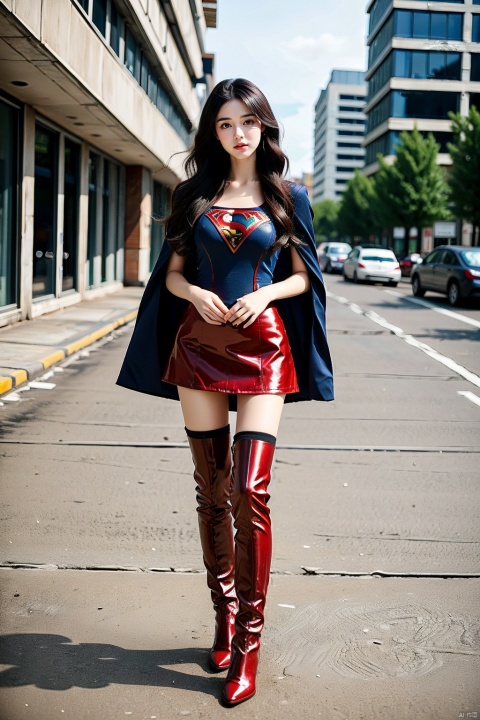  1girl, short hair ,supergirl,18years old,Supergirl tights,red Boots over the knee，Red cape，full body，red Knee-length boots,Blue Supergirl Uniform，Standing over the city