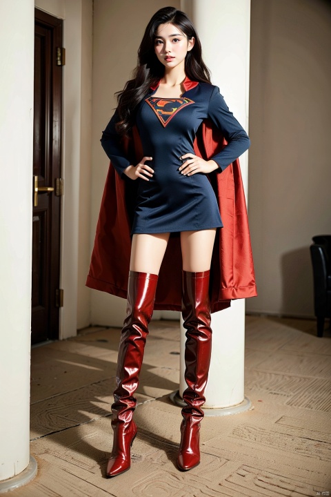  1girl, short hair ,supergirl,18years old,Supergirl tights,red Boots over the knee，Red cape，full body，red Knee-length boots,Blue Supergirl Uniform，Standing over the city，Red cloak