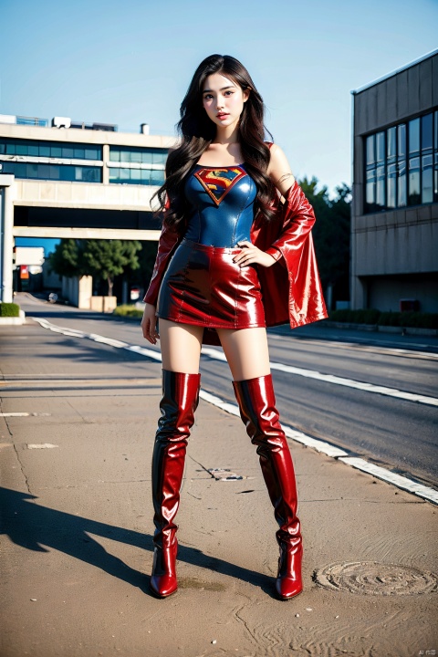  1girl, short hair ,supergirl,18years old,Supergirl tights,red Boots over the knee，Red cape，full body，red Knee-length boots,Blue Supergirl latex Uniform，Standing over the city，Red high-heeled knee boots，Wear only long boots，Giant Milk