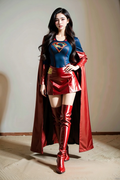  1girl, very_long_hair ,supergirl,18years old,Supergirl tights,red Boots over the knee，Red cape，full body，red Knee-length boots