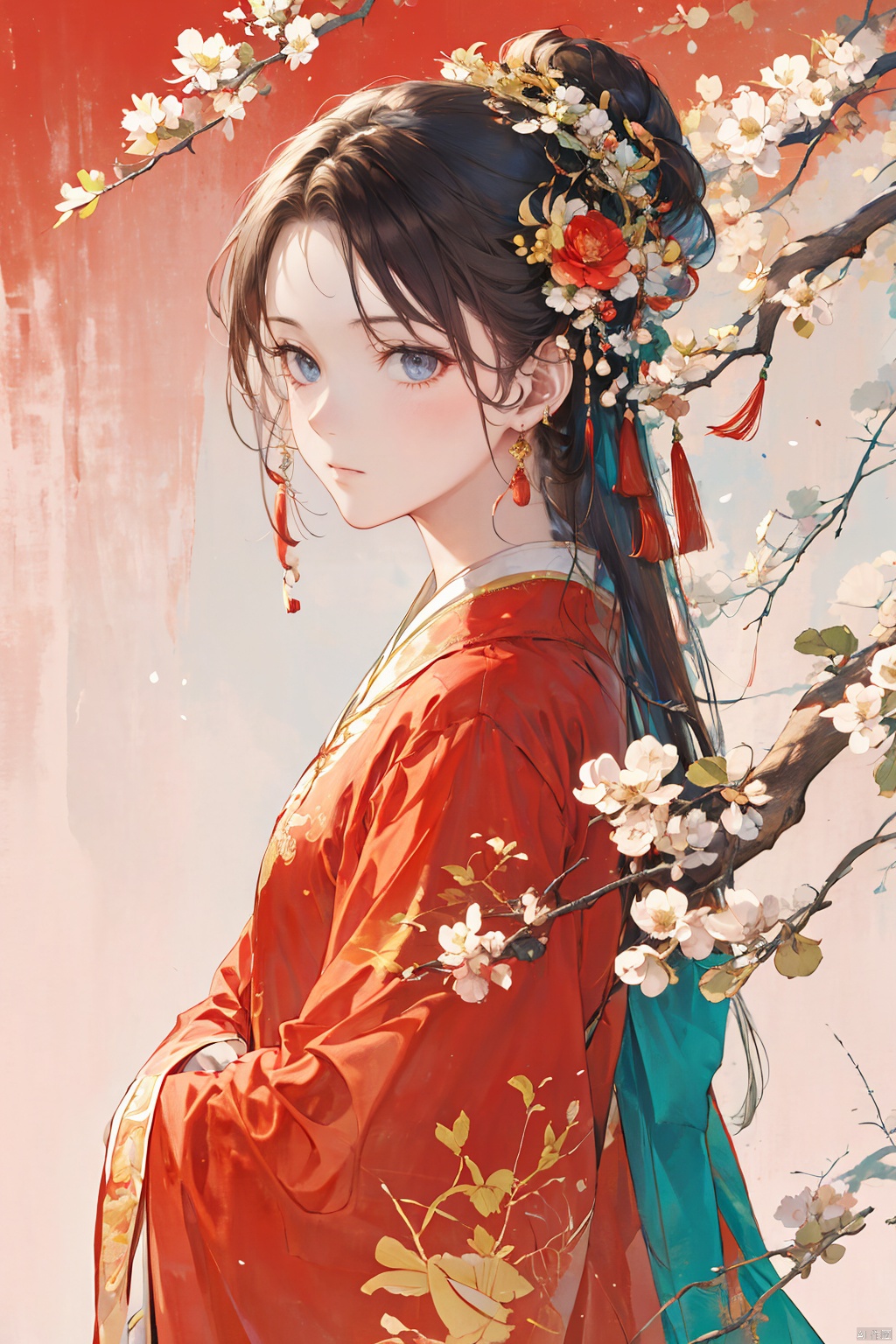  1girl, solo, long hair, looking at viewer, brown hair, black hair, hair ornament, long sleeves, ribbon, jewelry, closed mouth, upper body, flower, earrings, hair flower, from side, chinese clothes, red background, branch, red theme