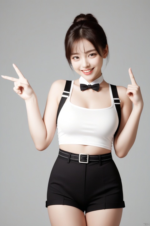 Draw a girl looking at the camera, with fair skin, wearing a white suspender belt, pointing her index finger at the screen with one hand, smiling.