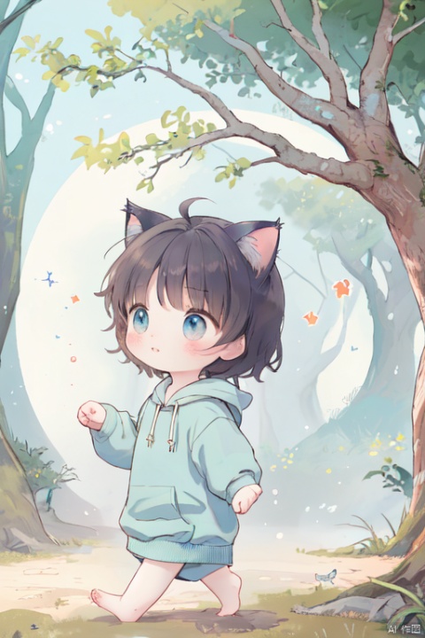 The cute little cat-xingxing wearing blue colour hoodie, ran to a majestic tree that has stood tall for over two hundred years.Back View,

This conveys the same sentiment while adding a touch of poetic flair.--ar 3:4,