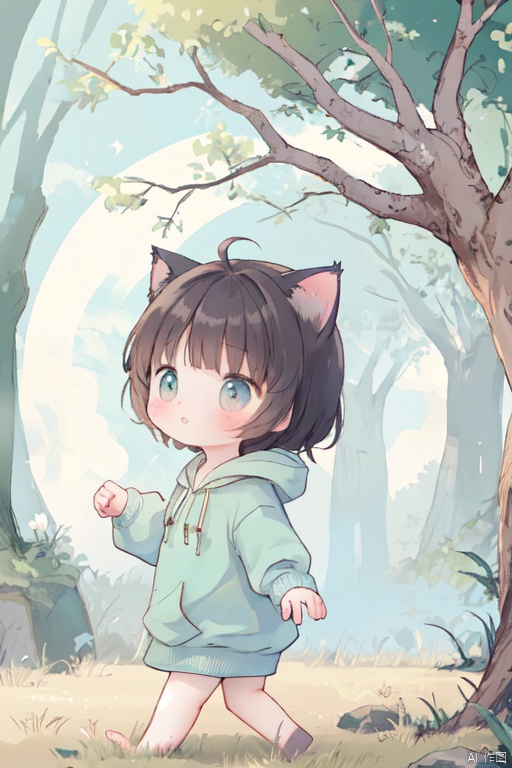 The cute little cat-xingxing wearing blue colour hoodie, ran to a majestic tree that has stood tall for over two hundred years.Back View,

This conveys the same sentiment while adding a touch of poetic flair.--ar 3:4,