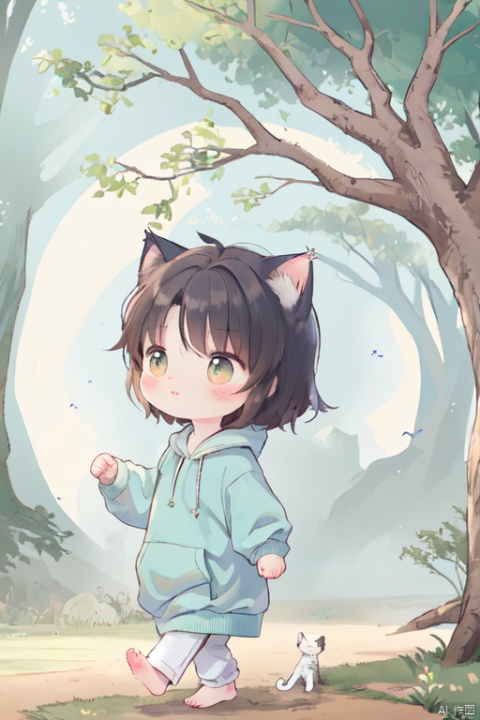 The cute little cat-xingxing wearing blue colour hoodie, ran to a majestic tree that has stood tall for over two hundred years.

This conveys the same sentiment while adding a touch of poetic flair.--ar 3:4,