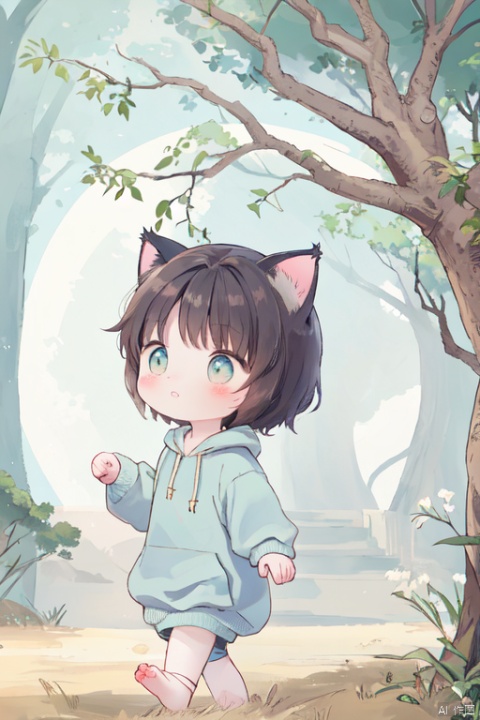 The cute little cat-xingxing wearing blue colour hoodie, ran to a majestic tree that has stood tall for over two hundred years.Back View,

This conveys the same sentiment while adding a touch of poetic flair.--ar 3:4,