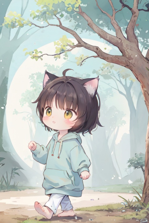 The cute little cat-xingxing wearing blue colour hoodie, ran to a majestic tree that has stood tall for over two hundred years.

This conveys the same sentiment while adding a touch of poetic flair.--ar 3:4,