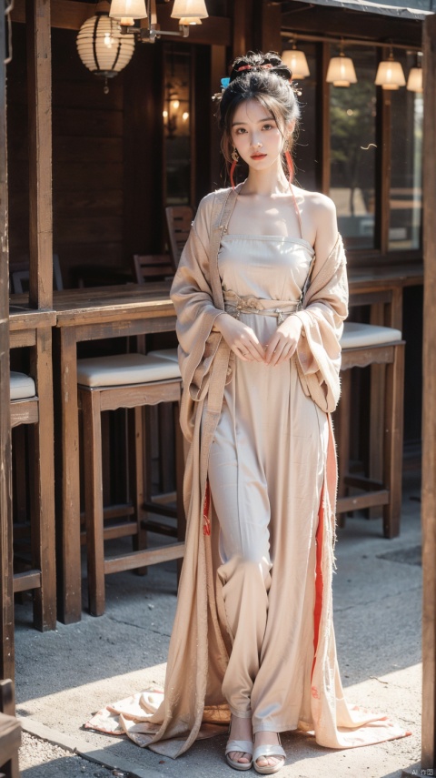 A girl wearing a classical dress, her standing posture is elegant, her facial features are clearly defined, her skin is delicate and natural, and the corners of her mouth are slightly raised, bringing a touch of mystery., hanfu, hydress