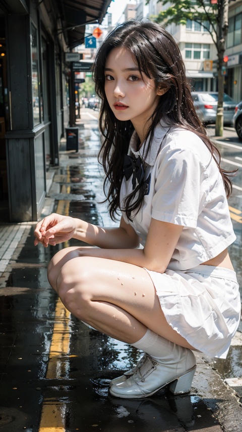A girl wearing JK school uniform, white shirt, short skirt, standing on a rainy street, her clothes wet, revealing black underwear inside, long hair, miniJK,squatting