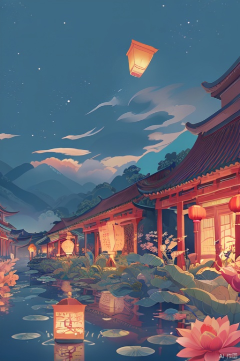 The sky is filled with clouds and mist. There is a tall wine bottle in the middle. There are Chinese-style buildings on both sides with lanterns hanging on it. There is a tall wine bottle in the middle. Wine flows out of the mouth of the bottle and flows downward around the bottle. There are clouds around. Illustration. Looking up. , HD 8k