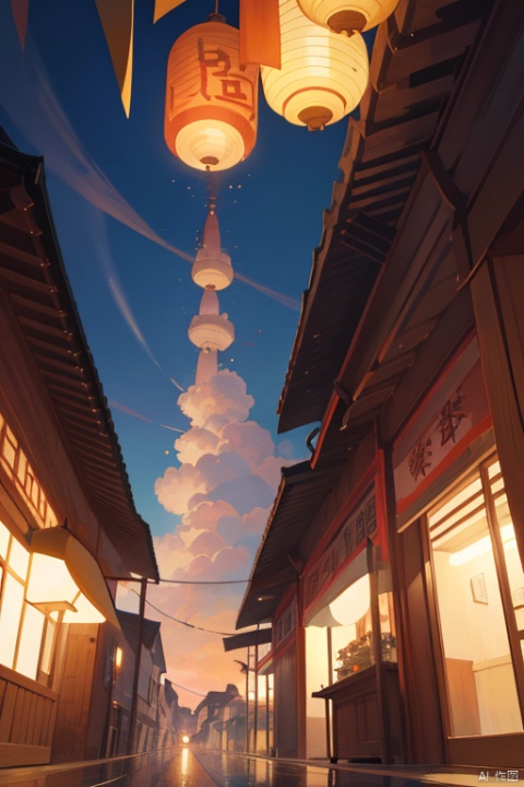 The sky is filled with colorful mist. There is a tall wine bottle in the middle. There are Chinese-style buildings on both sides with lanterns hanging on it. There is a tall wine bottle in the middle. Wine flows out of the mouth of the bottle and flows down around the bottle. There are clouds around. Illustration, looking up. Viewing angle, HD 8k