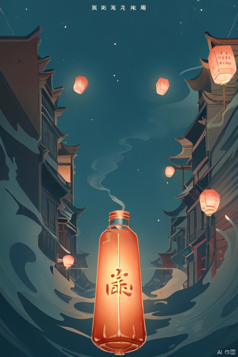 The sky is filled with colorful mist. There is a tall wine bottle in the middle. There are Chinese-style buildings on both sides with lanterns hanging on it. There is a tall wine bottle in the middle. Wine flows out of the mouth of the bottle and flows down around the bottle. There are clouds around. Illustration, looking up. Viewing angle, HD 8k