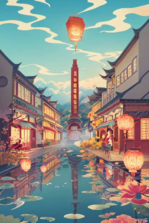 The sky is filled with clouds and mist. There is a tall wine bottle in the middle. There are Chinese-style buildings on both sides with lanterns hanging on it. There is a tall wine bottle in the middle. Wine flows out of the mouth of the bottle and flows downward around the bottle. There are clouds around. Illustration. Looking up. , HD 8k