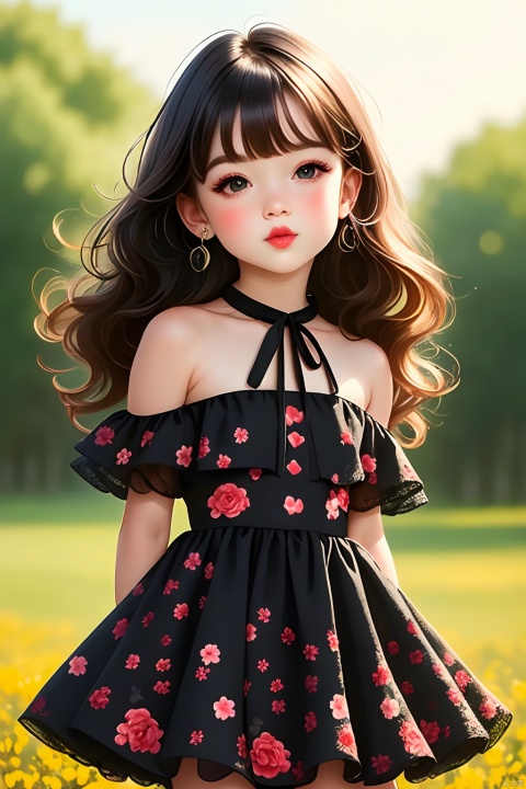 1girl,dress,long hair,black hair,solo,red eyes,black dress,looking at viewer,hair ornament,flower,bare shoulders,hair flower,halterneck,blurry,bangs,outdoors,standing,lips,cowboy shot,blurry background,closed mouth,wavy hair,floral print,there is a red heart between the eyebrows,happy to jump,