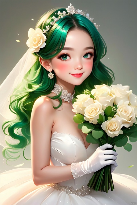 1girl, solo, dress, flower, blush, long hair, bare shoulders, looking at viewer, gloves, holding, white gloves, smile, green hair, hair flower, hair ornament, bouquet, green eyes, wedding dress