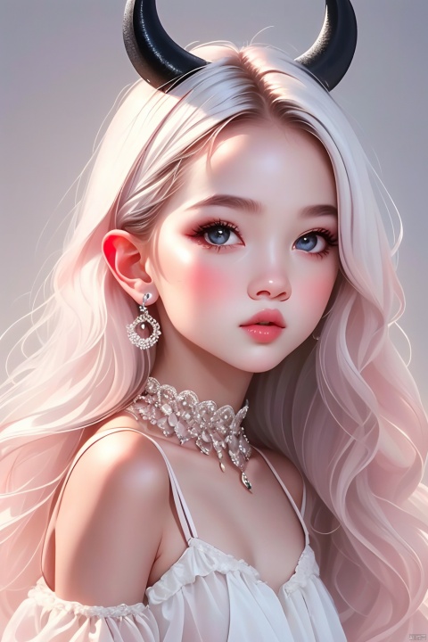 1girl, solo, long hair, white hair, horns, pointy ears, looking at viewer, upper body, crescent, jewelry, grey eyes, pink nails 