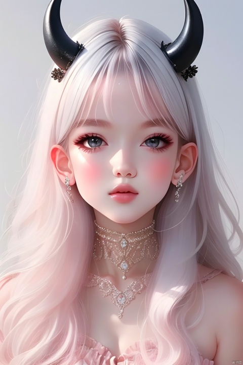 1girl, solo, long hair, white hair, horns, pointy ears, looking at viewer, upper body, crescent, jewelry, grey eyes, pink nails 