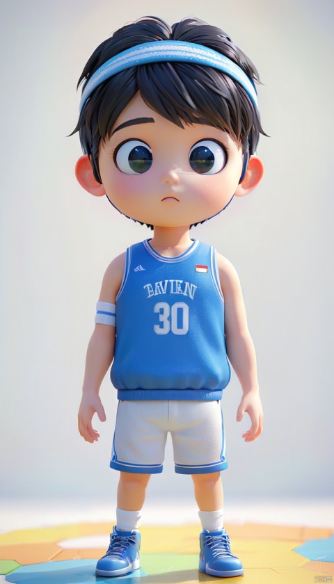 Asian Youth's illustration,（ David is a 20 year old male, black hair, blue basketball top, white basketball shorts, sports sweatband on forehead, ）small black eyes, no glasses, white blackground, hd mod, glowwave, simple, 3d, blender, oc render, in by pop mart, blind box toy, hyper detail, c4d, 8k