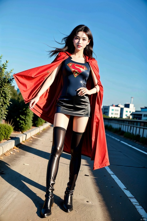  1girl, short hair ,supergirl,18years old,Supergirl tights,exposed,red cape，Giant Milk，red Ultra-long boots，Flying over the city，very very long red Boots