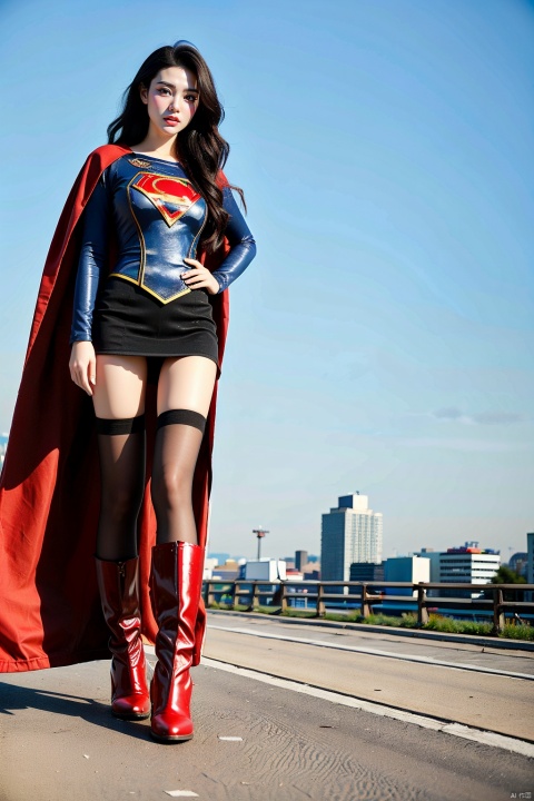  1girl, short_hair ,supergirl,18years old,Supergirl tights,exposed,red cape，Giant Milk，red Ultra-long boots，Flying over the city，long red Boots,I have a little man in my hand.