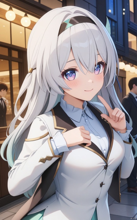  (masterpiece,top quality,best quality,official art,beautiful and aesthetic:1.2),gf-hd,1girl,loli,solo,long hair,lovely smilie,(wink),(blazer,white shirt,white blouse:2),cozy,(lace details),v,robinSR,love heart