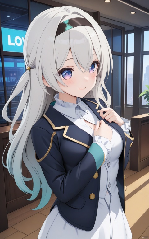 (masterpiece,top quality,best quality,official art,beautiful and aesthetic:1.2),gf-hd,1girl,loli,solo,long hair,lovely smilie,(wink),(blazer,white shirt,white blouse:2),cozy,(lace details),v,robinSR,love heart,no_clothes
