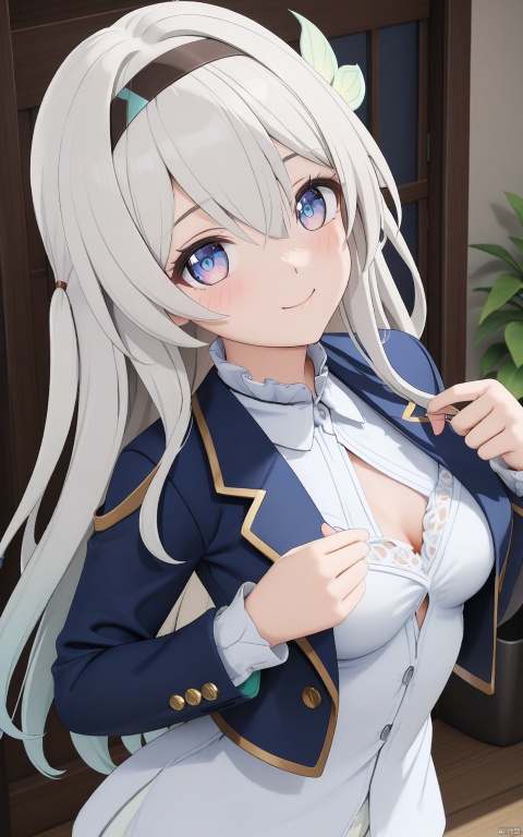  (masterpiece,top quality,best quality,official art,beautiful and aesthetic:1.2),gf-hd,1girl,loli,solo,long hair,lovely smilie,(wink),(blazer,white shirt,white blouse:2),cozy,(lace details),v,robinSR,love heart,no_clothes