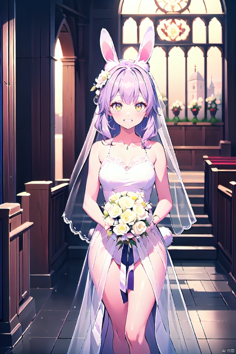 masterpiece, best quality, 1 girl,rabbit ears,light plum color hair,full body, floating veil, grin, bouquet, day, white wedding dress, frills, flower, holding bouquet, looking at viewer, nature, outdoors, white flower, rose, standing, tree, outdoor, church,