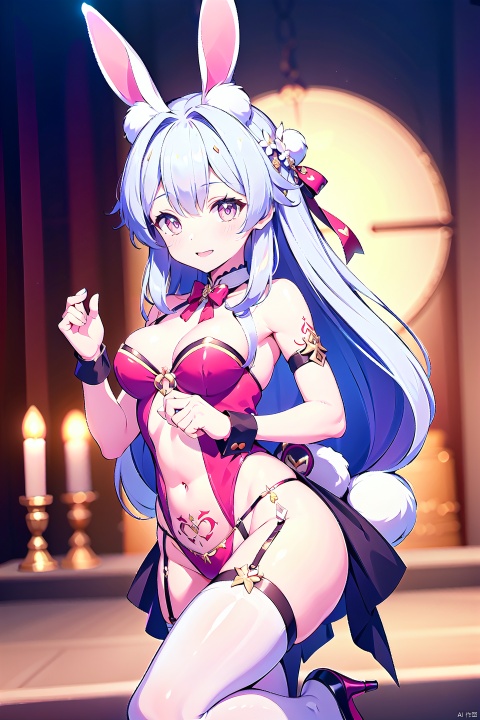  Reine, lovely rabbit vtb,colored clothing and holding a white bow and arrow 1girl, solo, virtual youtuber, dress, fullbody, animal ears,long hair, rabbit ears, masterpiece, best quality,high heels,pubic tattoo on underbelly, absurdres, white garter straps,light blush,heart-shaped pupils