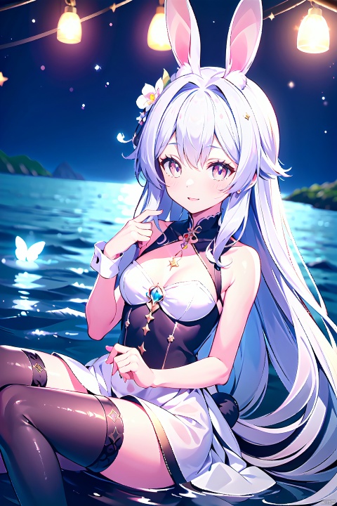 Reine, lovely rabbit vtb,a girl sitting on a boat in the water,water crystal glowing eyes, sea butterflies, night raid, fairy light, very deep sea, glowing long hair, nightcore, very ethereal, stagirlr dress.
