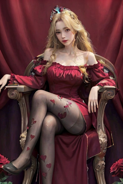  score_9, score_8_up, score_7_up, 1 girl, blonde hair, long hair, seducing viewer, hearts,posing, suggestive pose, sitting on throne, solo, hearts, red royal dress, off shoulder, roses, legs up, from below, air of superiority, crossed legs, golden tiara, flowers, plants，Black Silk Stockings