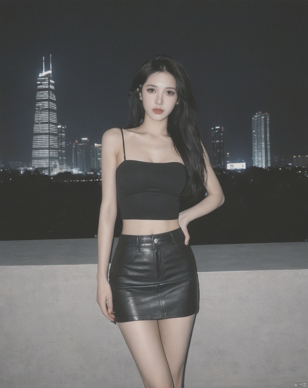  realistic,best quality, high quality,analog film,faded film,city,building,cityscape,skyscraper,night,city lights, scenery,outdoors,1girl,long hair, black hair, lips, realistic,(leather tube top,leather miniskirt),looking at viewer,flat chest,cleavage