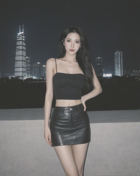  realistic,best quality, high quality,analog film,faded film,city,building,cityscape,skyscraper,night,city lights, scenery,outdoors,1girl,long hair, black hair, lips, realistic,(leather tube top,leather miniskirt),looking at viewer,flat chest,cleavage