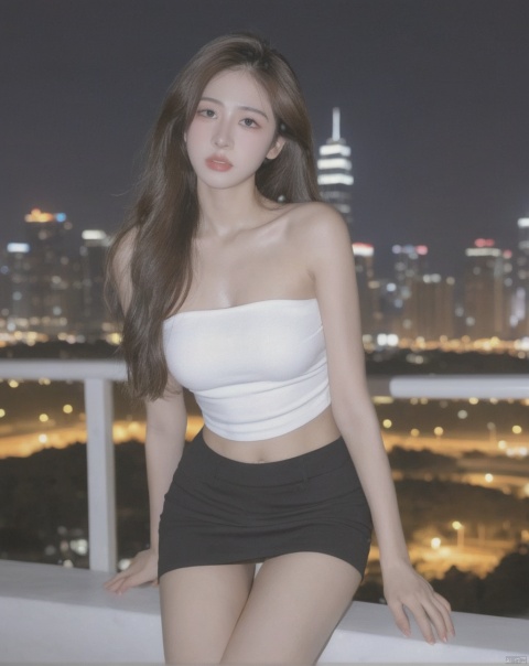  sharp focus,(tube top,strapless,),white top,(miniskirt),((crying)),night scenery,city,building,full body,cityscape,skyscraper,night,city lights,rooftop,1 girl,long hair,front body,solo,small breasts,looking at viewer,realistic,best quality, high quality,