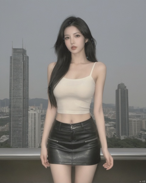  realistic,best quality, high quality,analog film,faded film,city,building,cityscape,skyscraper,day scenery,outdoors,1girl,long hair, black hair, lips, realistic,(leather tube top,leather miniskirt),looking at viewer,flat chest,cleavage