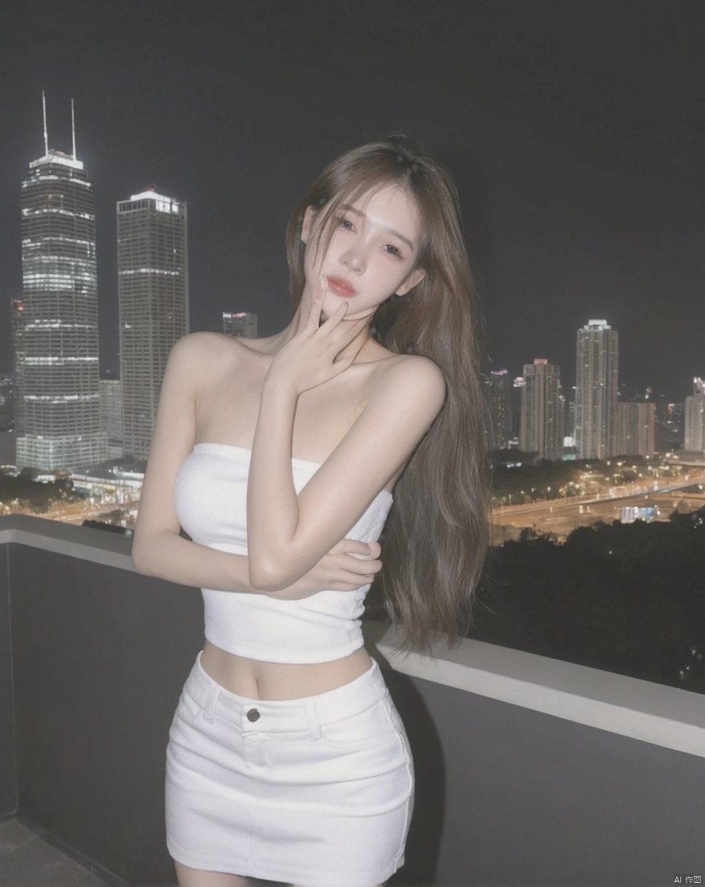  sharp focus,(tube top,strapless,),white top,(miniskirt),((crying)),night scenery,city,building,full body,cityscape,skyscraper,night,city lights,rooftop,1 girl,long hair,front body,solo,small breasts,looking at viewer,realistic,best quality, high quality,