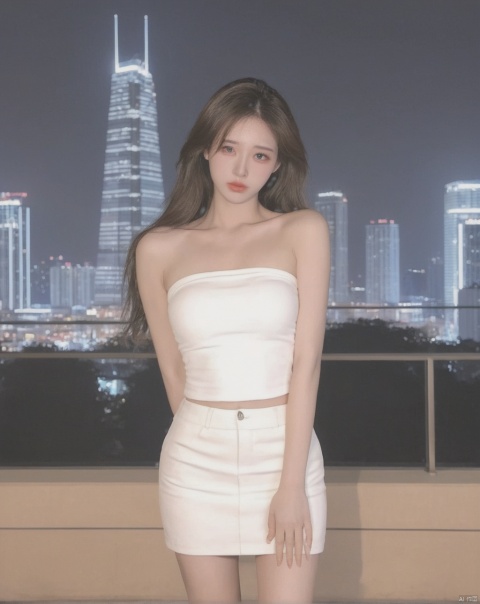  sharp focus,((crying)),(tube top,strapless,),white top,(miniskirt),night scenery,city,building,full body,cityscape,skyscraper,night,city lights,rooftop,1 girl,long hair,front body,solo,small breasts,looking at viewer,realistic,best quality, high quality,