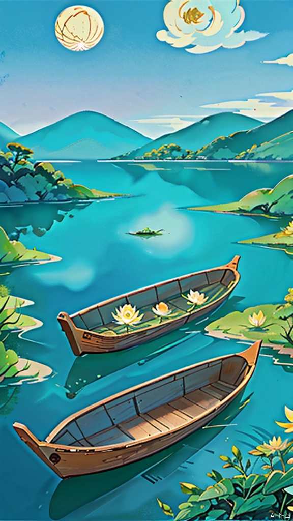红旗,The woods,,wooden boat,wood bridges,Blue sky and white clouds,Lotus leaf,Lotus Pond