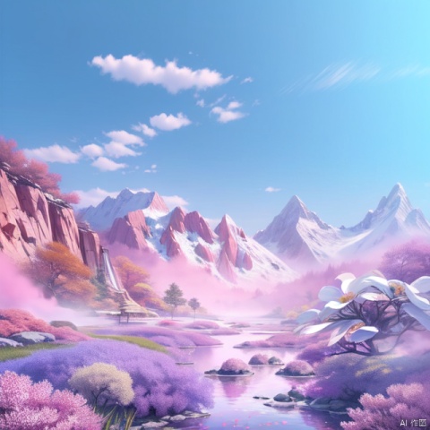 There is a white stage in the middle,masterpiece,surreal,realistic,wallpaper,Ultra HD,32K,natural scenery,white flowers,pink flowers,grass,water,lake,stones,flowers of various colors,clean background,mountains,coral of various colors,pink little bubbles,c4d,ue5,foreground blur
