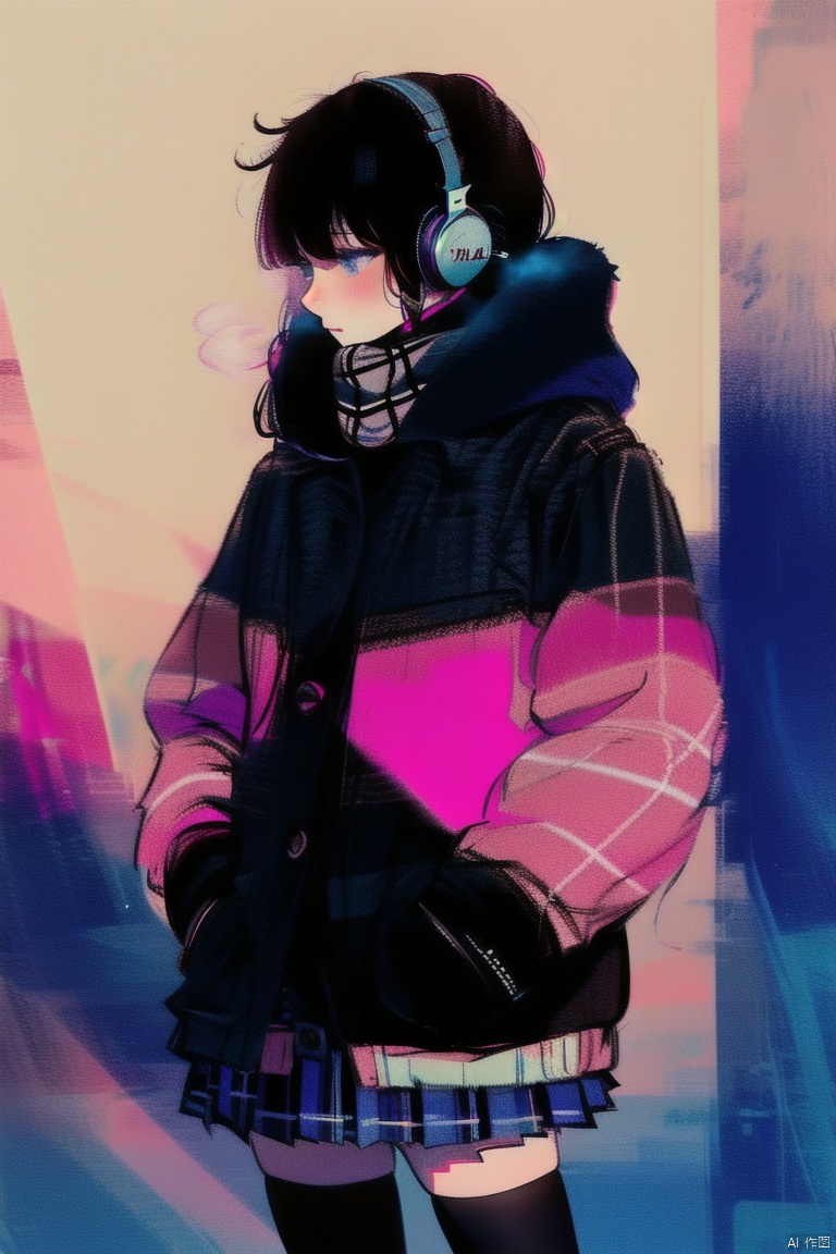  1girl, bangs, black_hair, blue_eyes, blush, breath, coat, cowboy_shot, earmuffs, gradient, gradient_background, hair_between_eyes, hands_in_pockets, headphones, headphones_around_neck, jacket, long_hair, looking_away, pink_background, plaid, plaid_scarf, plaid_skirt, pleated_skirt, red_scarf, scarf, school_uniform, skirt, solo, thighhighs, shota