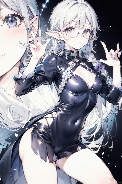  sexy pose,sexy dress, (best quality), ((masterpiece)), (highres), illustration, original, extremely detailed,1girl, solo, black dress, pointy ears, dress, black background, glasses, looking at viewer, long sleeves, puffy sleeves, elf, grey hair, jewelry, chain, round eyewear, simple background, grey eyes, lips, closed mouth, braid, nose, realistic, fingernails