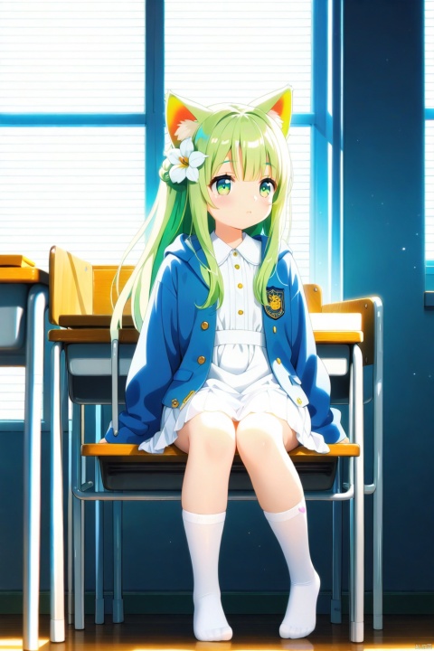  1girl,cat ears,anime style,green long hair,full body,loli,potrait,nai night scape,masterpiece,in classroom,white legwear,((sunny out side)), best quality,light green hair, solo,momoko,cat ears,in seat,solo,morning,indoor,cinematic lighting, looking at window, long hair, sitting on school chair,school desk, hair ornament, hair flower, cute, white flower,light blue coat,white dress,cinematic lighting,white tail