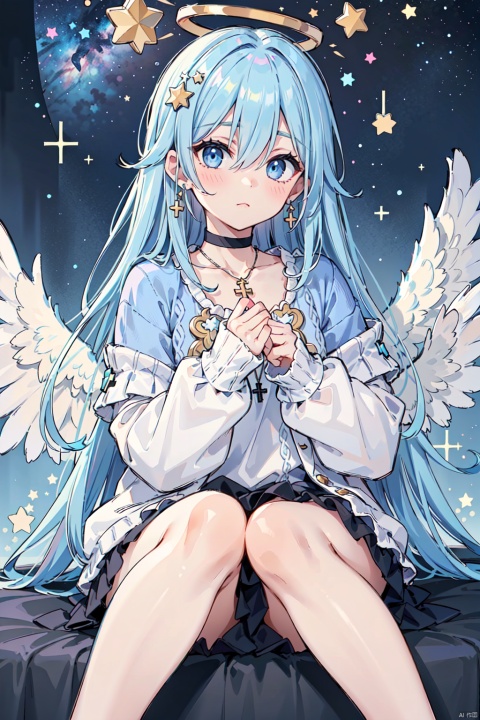  1girl, dance, Fairy, crystal, jewels,black, wings,Holy Light,As white as rosy clouds, 
1girl, solo, long hair, looking at viewer, blush, bangs, blue eyes, hair ornament, long sleeves, hair between eyes, jewelry, sitting, very long hair, closed mouth, blue hair, earrings, wings, choker, virtual youtuber, necklace, star \(symbol\), sweater, sleeves past wrists, black choker, halo, cross, feathered wings, puffy long sleeves, angel wings, star hair ornament, white wings, angel, star earrings, cross necklace, latin cross, star necklace,pink hair,pleated skirt,bow, ribbon,