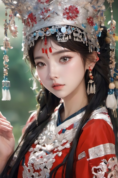 A woman in Ethnic Minority Miao Costumes, with delicate features, a cold expression, a beautiful anime portrait, a palace, digital anime illustration, beautiful anime style, a beautiful fantasy wizard, anime illustration, anime fantasy illustration, beautiful character painting, art trends, (personality), (/qingning/), 1girl, ananmo,Miao Silver Phoenix Crown, MAJICMIX STYLE