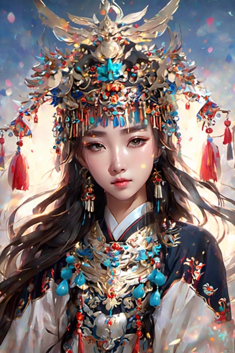  A woman in Ethnic Minority Miao Costumes, with delicate features, a cold expression, a beautiful anime portrait, a palace, digital anime illustration, beautiful anime style, a beautiful fantasy wizard, anime illustration, anime fantasy illustration, beautiful character painting, art trends, (personality), (/qingning/), 1girl, ananmo,Miao Silver Phoenix Crown, MAJICMIX STYLE
